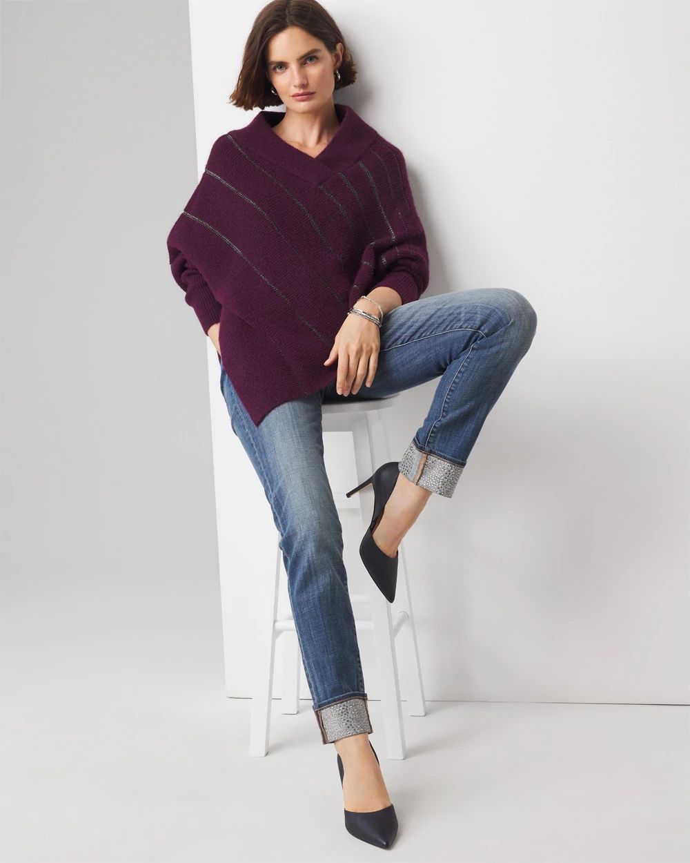 Metallic Stripe Poncho Sweater | White House Black Market